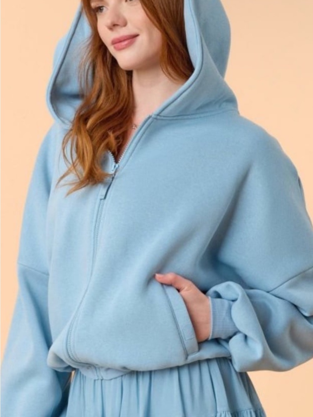 Light Blue Hooded Zip-Up Sweatshirt - Picture 2 of 4